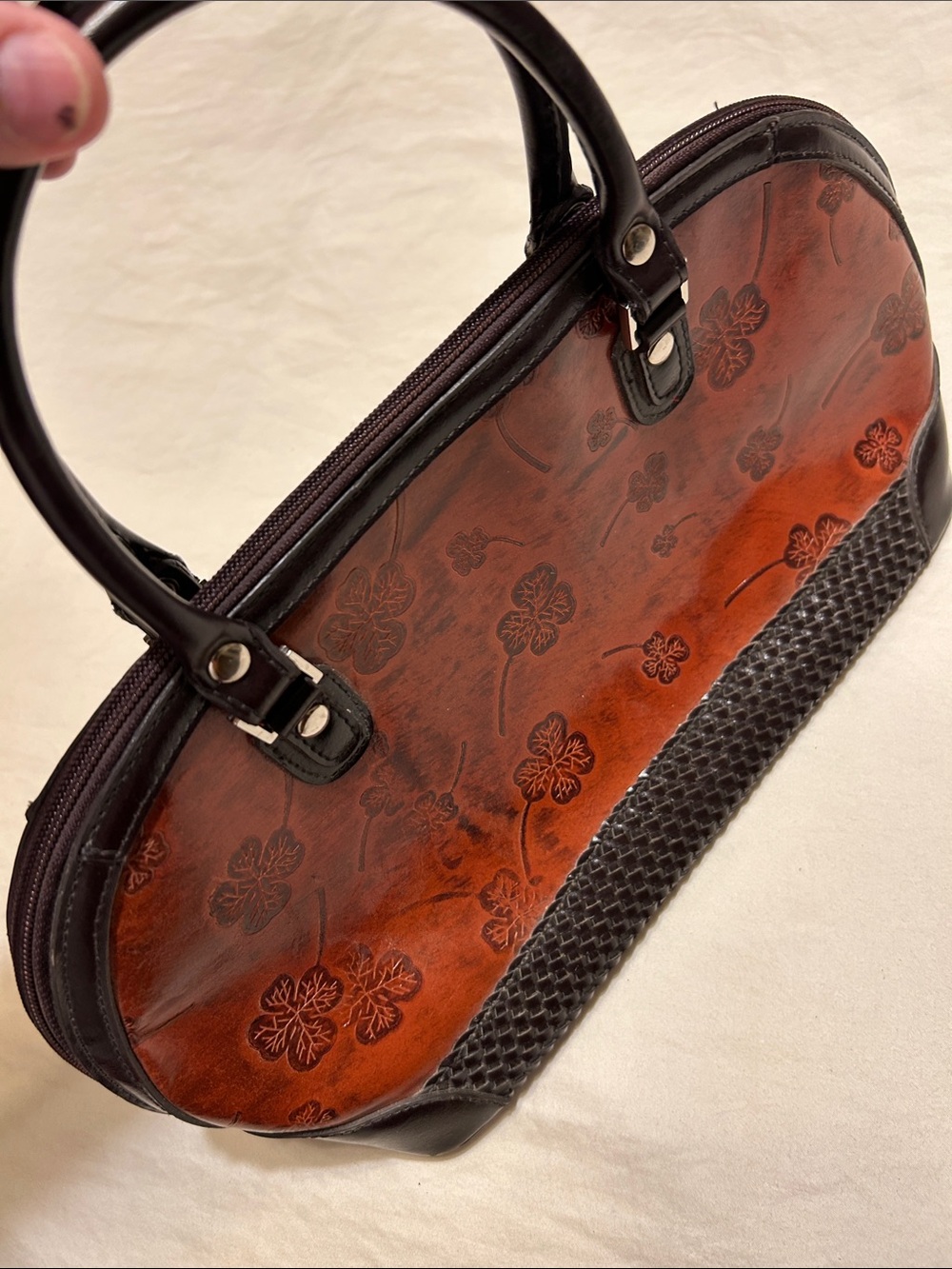 Hand-Tooled Floral Brown Leather Satchel